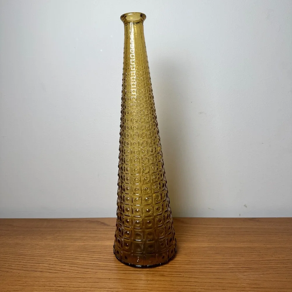 Vintage Tall Empoli Genie Amber Glass Bottle Decanter Italy Vase Embossed MCM‎